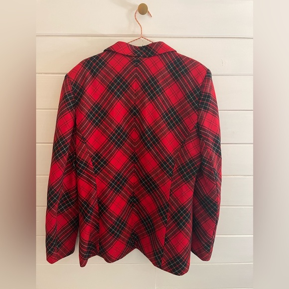 VINTAGE HALSTON 3 Pc Red Black Plaid Skirt Suit Wool Sz 12/14 BLAZER SKIRT VEST - Picture 4 of 12